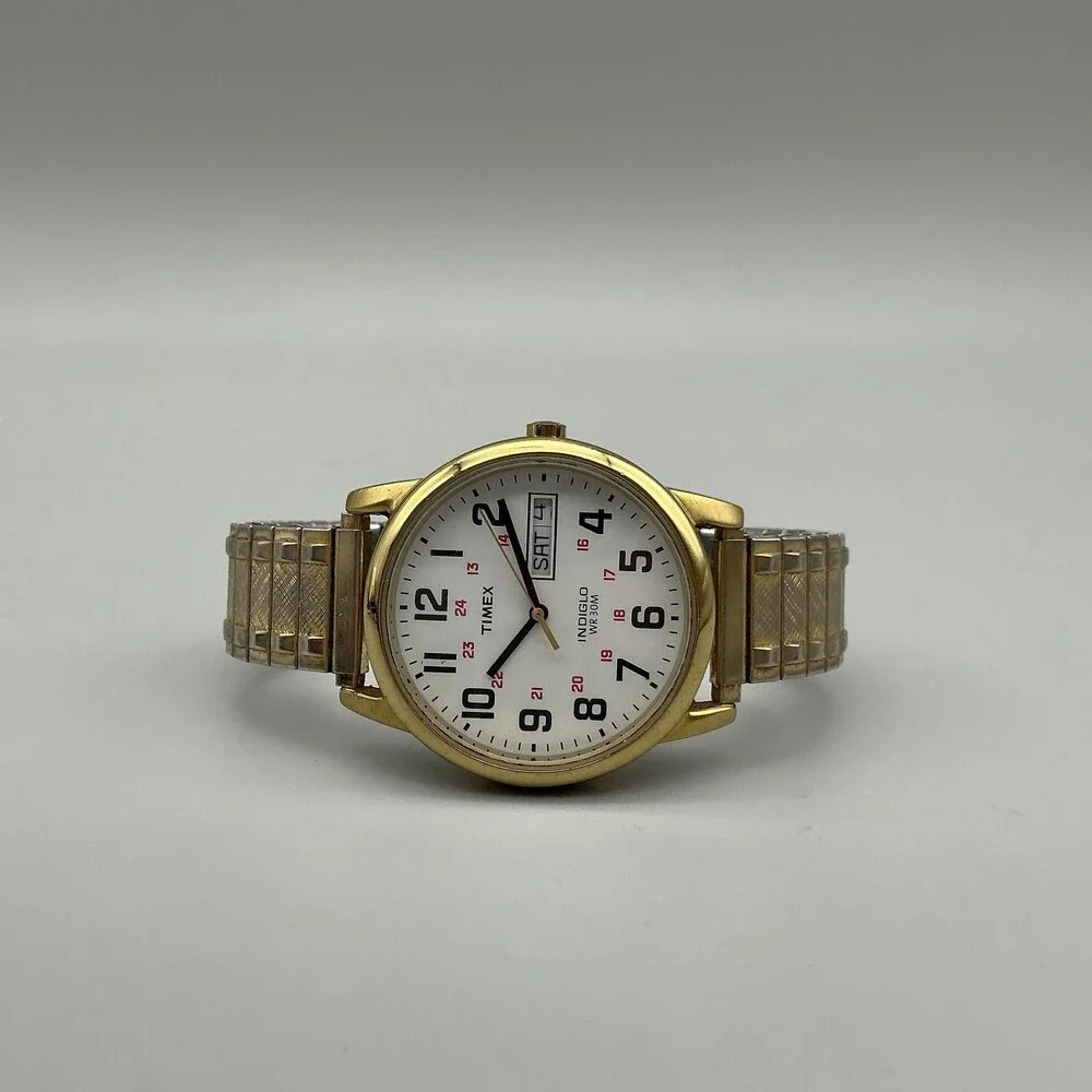 Timex Easy Reader Indiglo Mens Watch 35mml Gold Tone Day Date New Battery